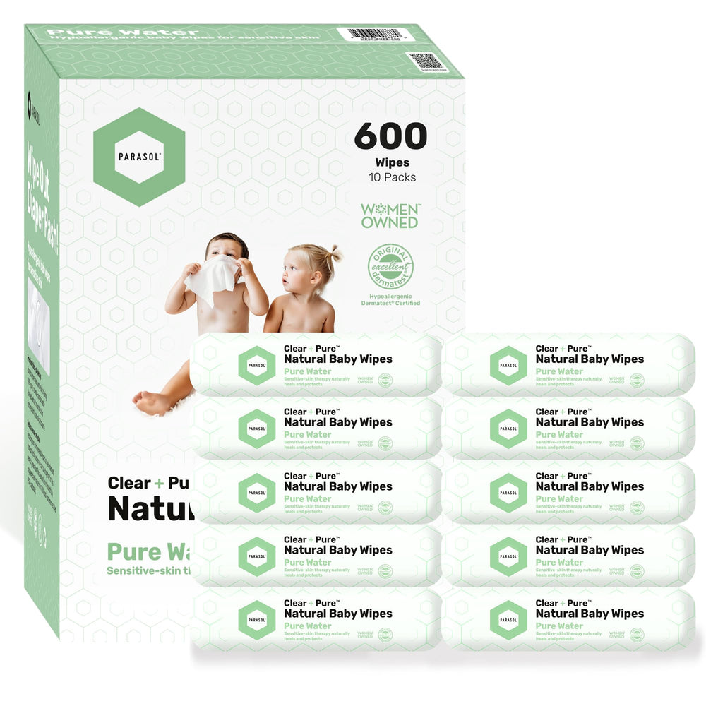 Parasol Clean+Pure wipes pack front view showing easy one-at-a-time dispensing.