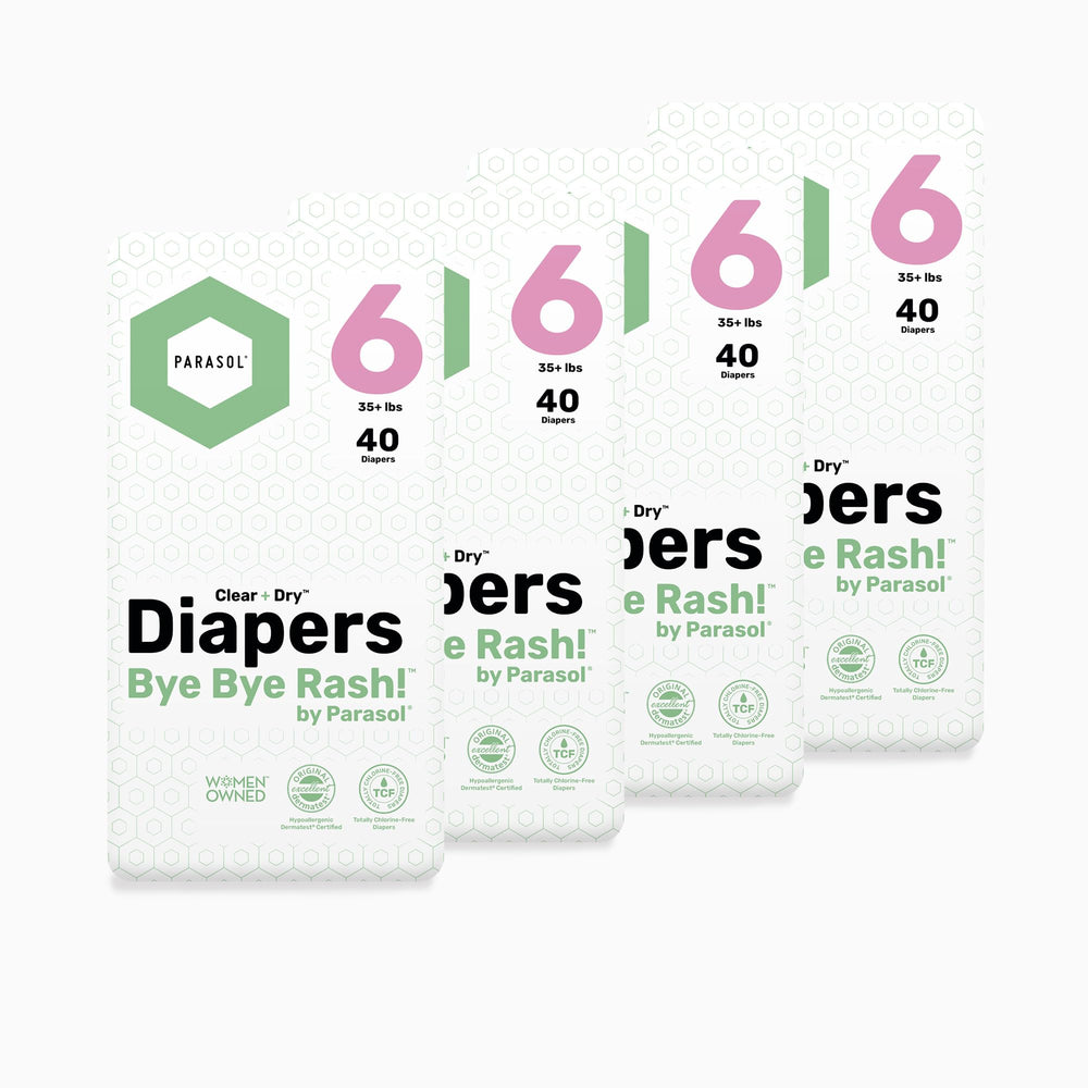 Parasol Clear+Dry pack shot demonstrates hypoallergenic protection for gentle baby care.