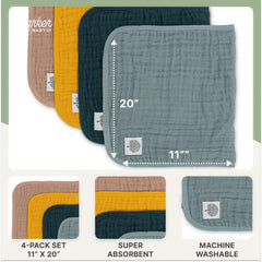 Parker Baby Co large burp cloths measure 20x11 inches for full coverage.