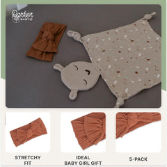 Parker Baby Co. taupe headband providing comfy fit from newborn to toddler