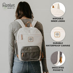 Parker Baby Co diaper backpack cream insulated bottle pocket ready for feeds on the go