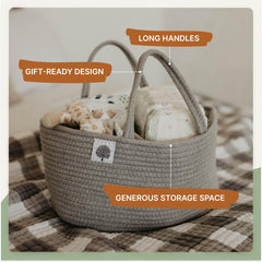 Parker Baby Rope Diaper Caddy gray in nursery blends with neutral decor and organization