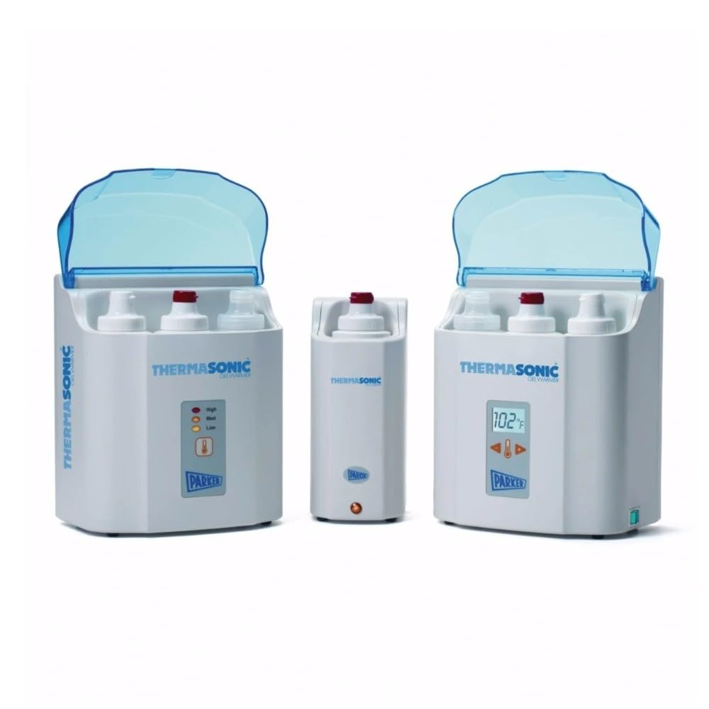 Parker Labs Thermasonic gel warmer with LCD display heats three gel bottles for ultrasound use.