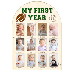 Partico My First Year Photo Board frame front—warm wood keeps baby milestones memories.