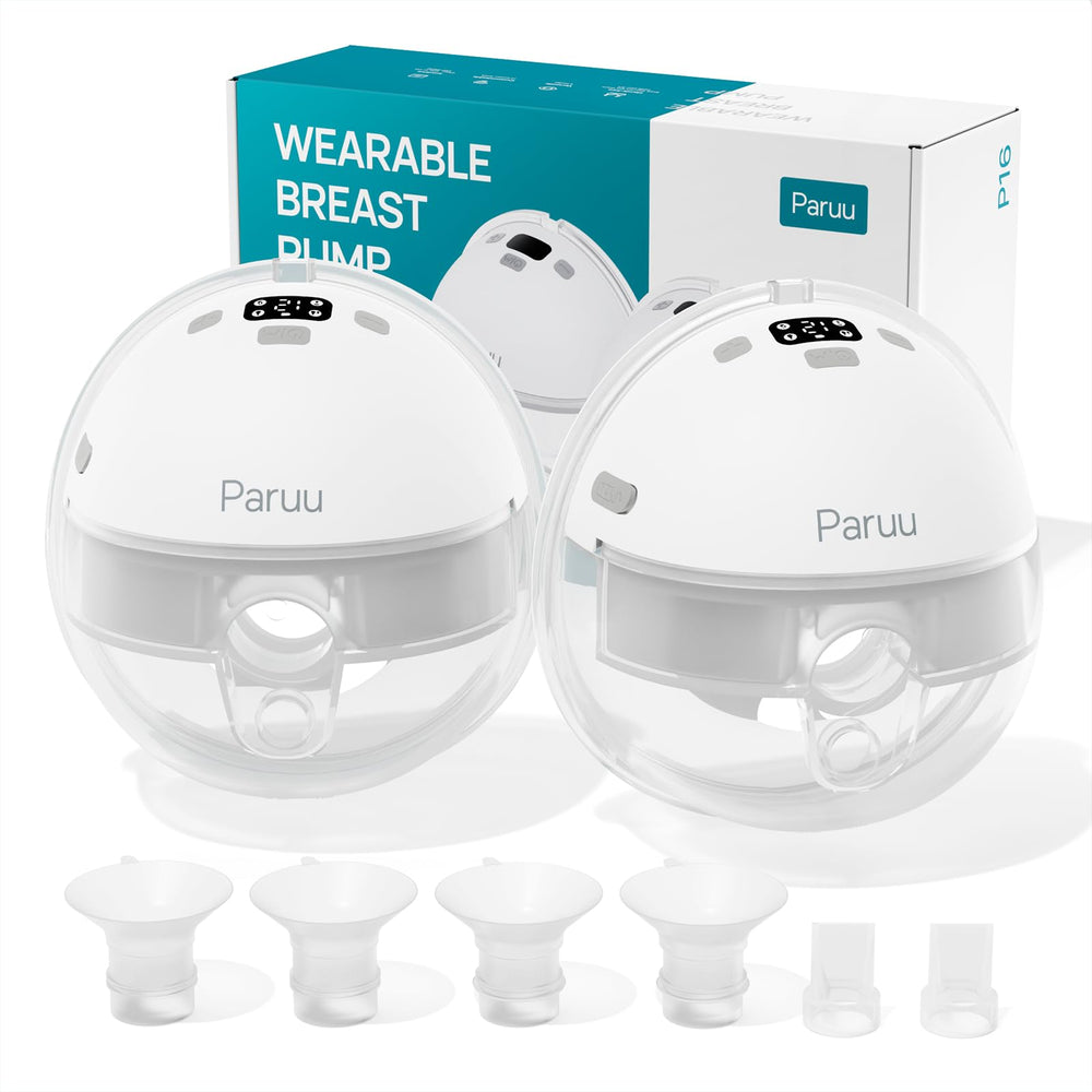 Paruu P16 wearable breast pump in use for hands-free pumping during daily activities.