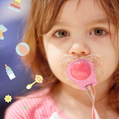 Patelai nipple rings holder attached to a pacifier for quick access.