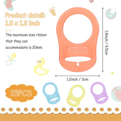 Patelai pacifier clips in varied colors demonstrate easy attachment to clothing.