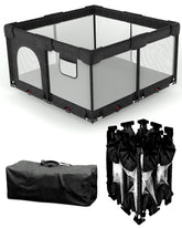 Patywaga foldable playpen in black with mat ready for quick indoor playtime safety