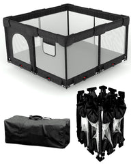 Patywaga foldable playpen in black with mat ready for quick indoor playtime safety