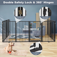 Paulmele dog gate 360-degree hinge close-up shows flexible layout options for various openings.