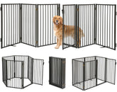 Paulmele metal freestanding dog gate with door for wide doorways and pet separation.
