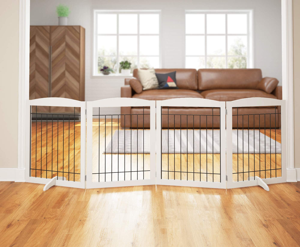 PAWLAND extra-wide dog gate unfolded accordion view supports safe pet separation.