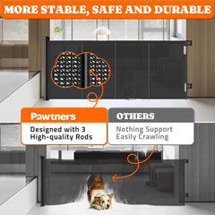 Pawtners gate with support rods stabilizing the mesh and reducing tipping