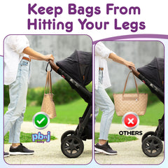 PBnJ Baby stroller hook showing universal fit on various strollers