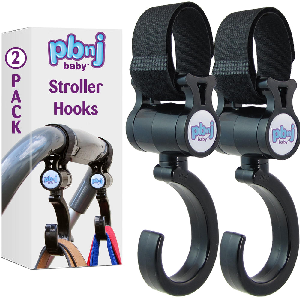PBnJ Baby Stroller Hooks 2 Pack product shot demonstrates secure bag support for city shopping.