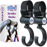 PBnJ Baby Stroller Hooks 2 Pack product shot demonstrates secure bag support for city shopping.