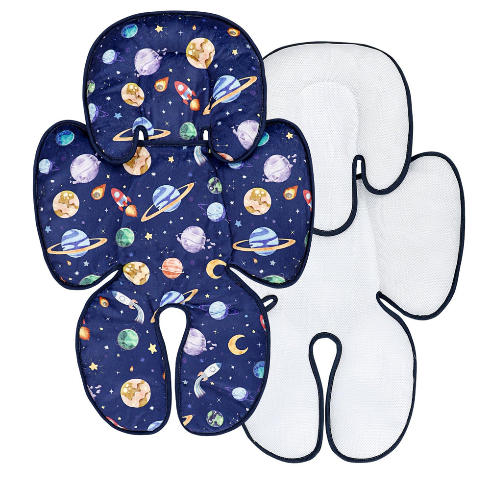 Pea Pod baby car seat head support keeps newborns comfortable in blue space.