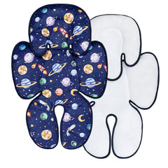 Pea Pod baby car seat head support keeps newborns comfortable in blue space.