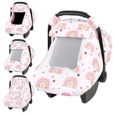 Pea Pod car seat cover rainbow pattern closeup highlights cozy fabric for baby comfort