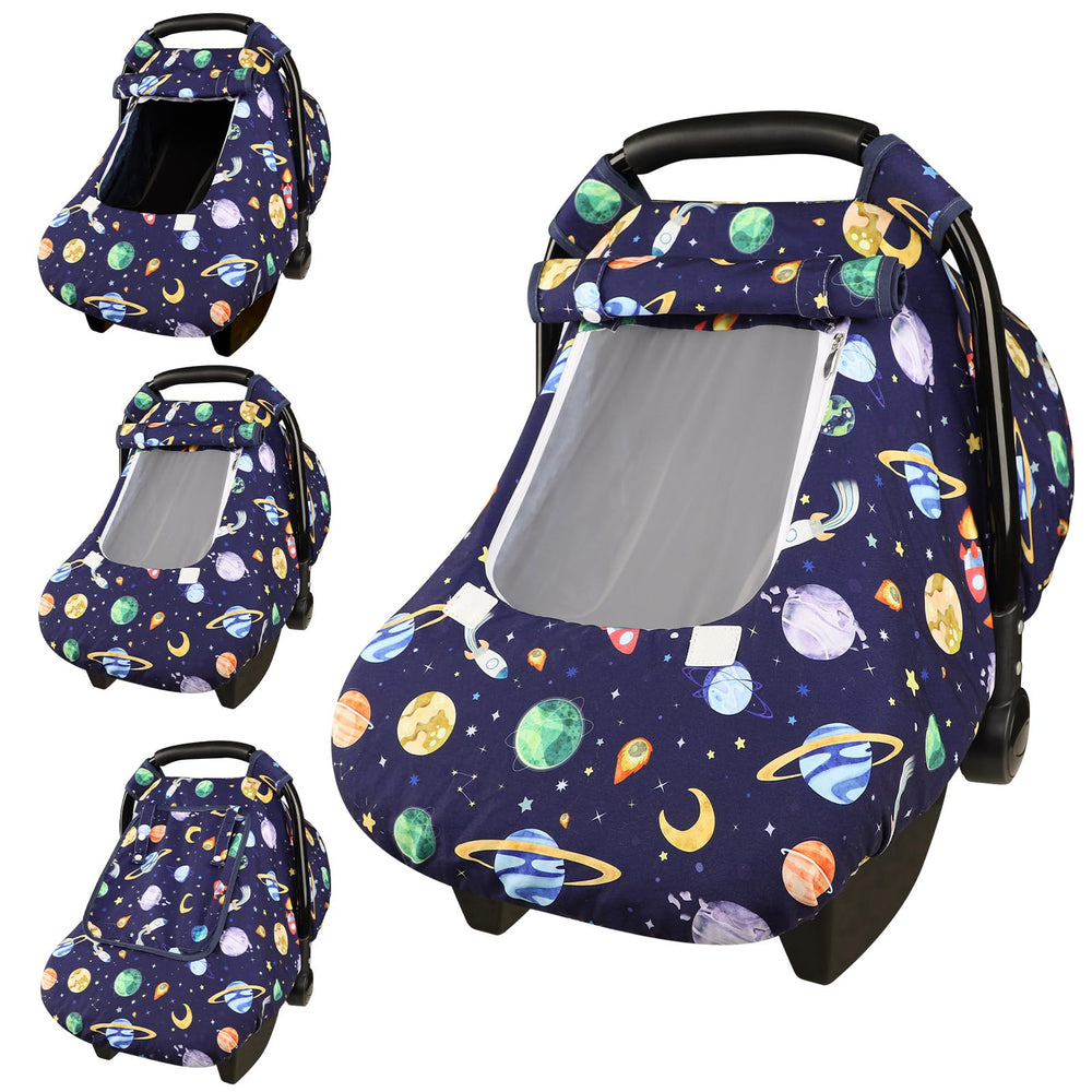 Pea Pod car seat cover with outer space pattern for stylish newborn privacy.