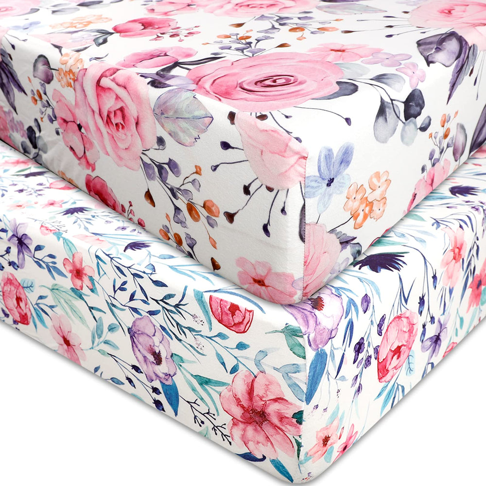 Pea Pod floral crib sheets two-pack front view for a cheerful nursery look.