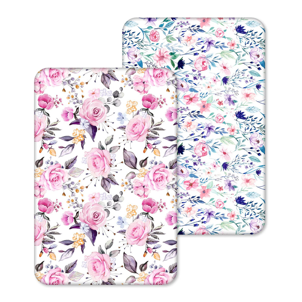 Pea Pod pack n play sheets floral pattern provide a snug fit for mini cribs.