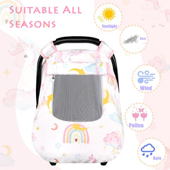 Pea Pod unicorn car seat cover's elastic band keeps it securely in place.