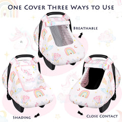 Pea Pod unicorn car seat cover features soft Minky dot backing against baby skin.