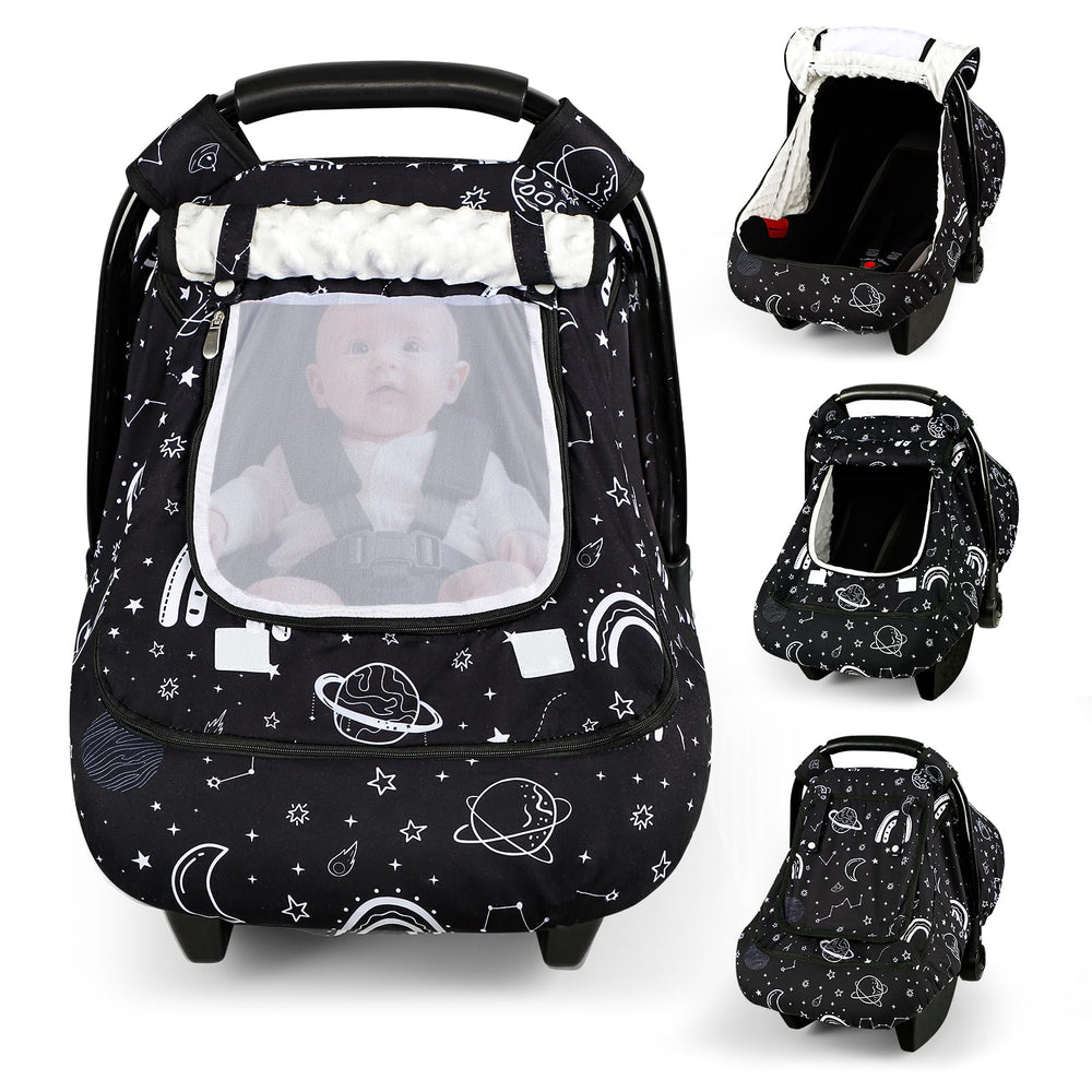 Pea Pod winter car seat cover sunshade provides gentle shade for peaceful naps