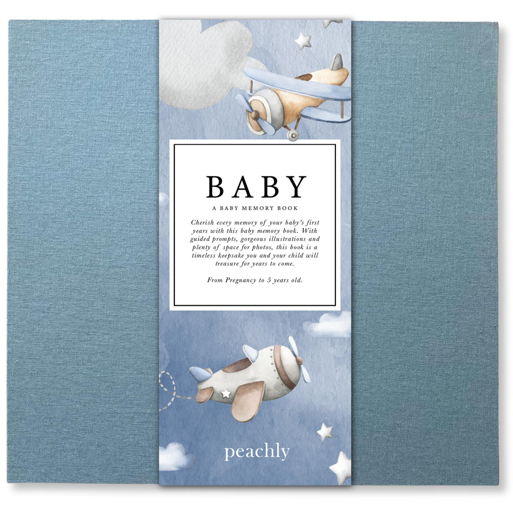 Peachly Finn blue cover with linen texture offers a durable keepsake for memories.