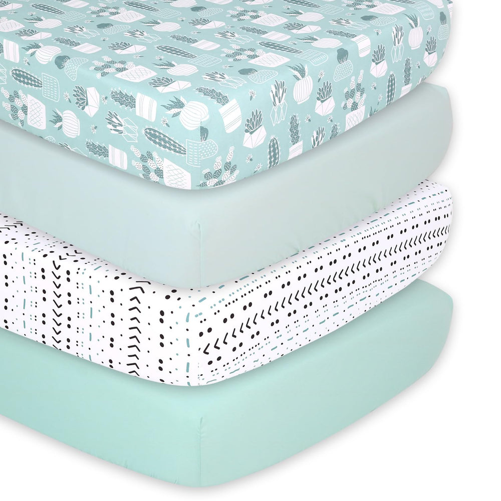 The Peanutshell cactus crib sheet front view with mint-green print for nursery charm and easy coordination.