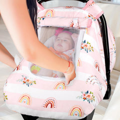 Pea Pod car seat cover shows zipper mesh window for easy visibility and baby security.