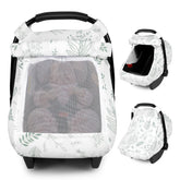 Pea Pod Muslin Car Seat Cover leaf-pattern fabric closeup demonstrates breathable, gentle cotton texture.