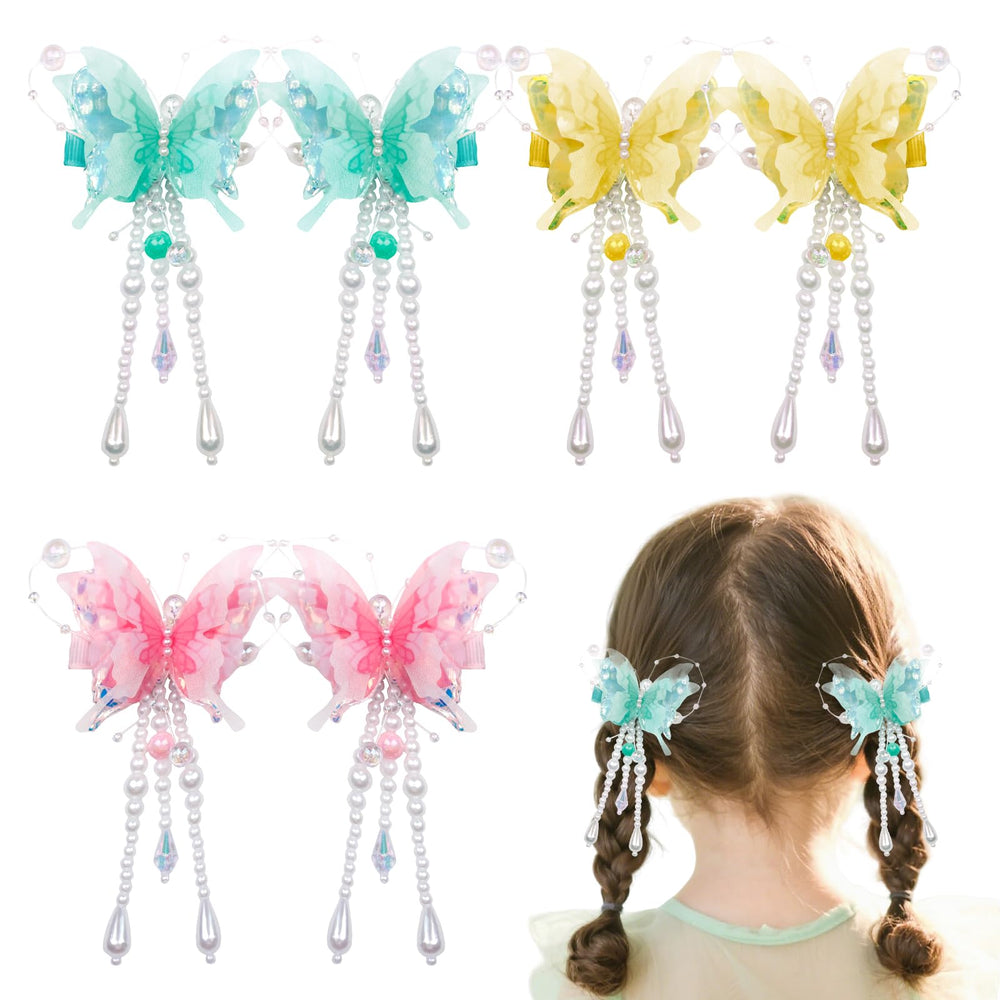 Pearl butterfly tassel hair clip yellow with gentle grip for delicate toddler hair