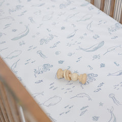 PEHR Life Aquatic crib sheet features hand-printed design with AZO-free dyes.
