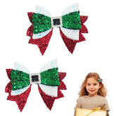 Pejlnd Christmas bow hair clip in red-green-white glitter enhances festive toddler hairstyles with secure grip.