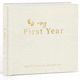 Pejoye Baby Memory Book first year cover in beige linen for lasting keepsakes.