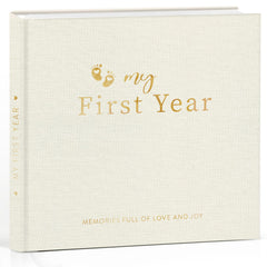 Pejoye Baby Memory Book first year cover in beige linen for lasting keepsakes.