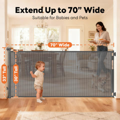 peluasua gray retractable gate mesh keeps living spaces tidy while safeguarding little ones.
