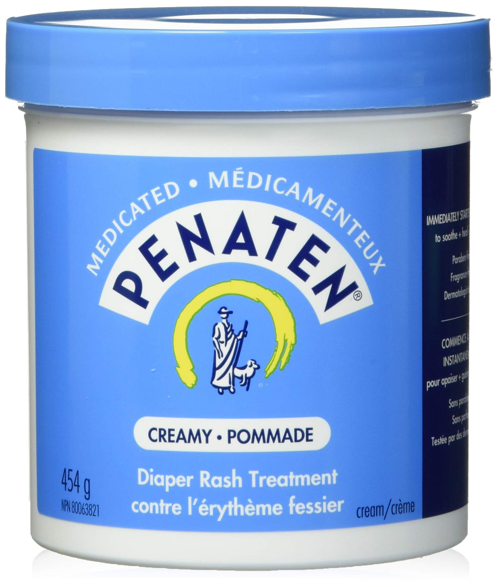 Penaten medicated creamy diaper rash treatment jar front demonstrates barrier protection for sensitive skin.