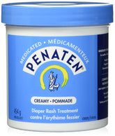 Penaten medicated creamy diaper rash treatment jar front demonstrates barrier protection for sensitive skin.