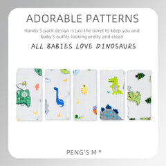 PENG'S M dinosaur print close-up showing soft breathable muslin layers