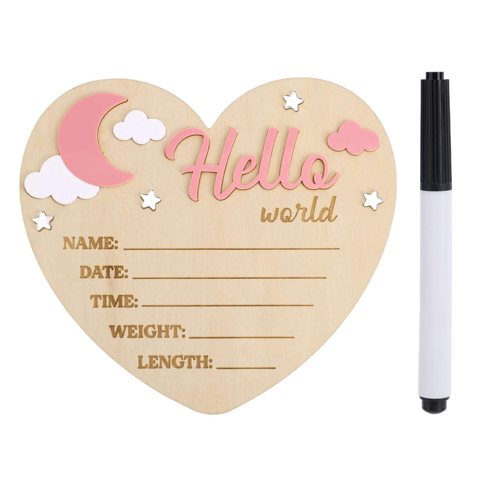 Penitue Hello World newborn sign closeup with pen for recording birth details