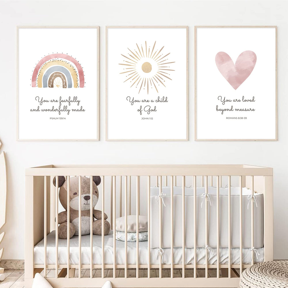 Pennclys Boho Nursery Wall Art Heart print brightens a girl's room with Bible verse.