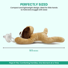 Pepe n Tito dog pacifier holder attaches to silicone handle for easy access