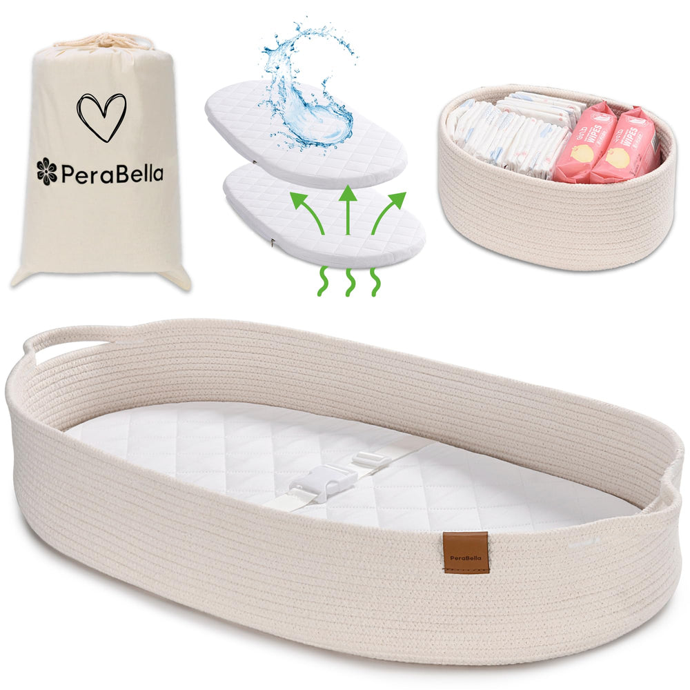 PeraBella baby changing basket shows durable cotton rope weave for diaper changes.