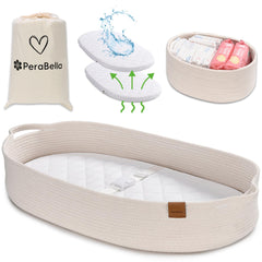 PeraBella baby changing basket shows durable cotton rope weave for diaper changes.