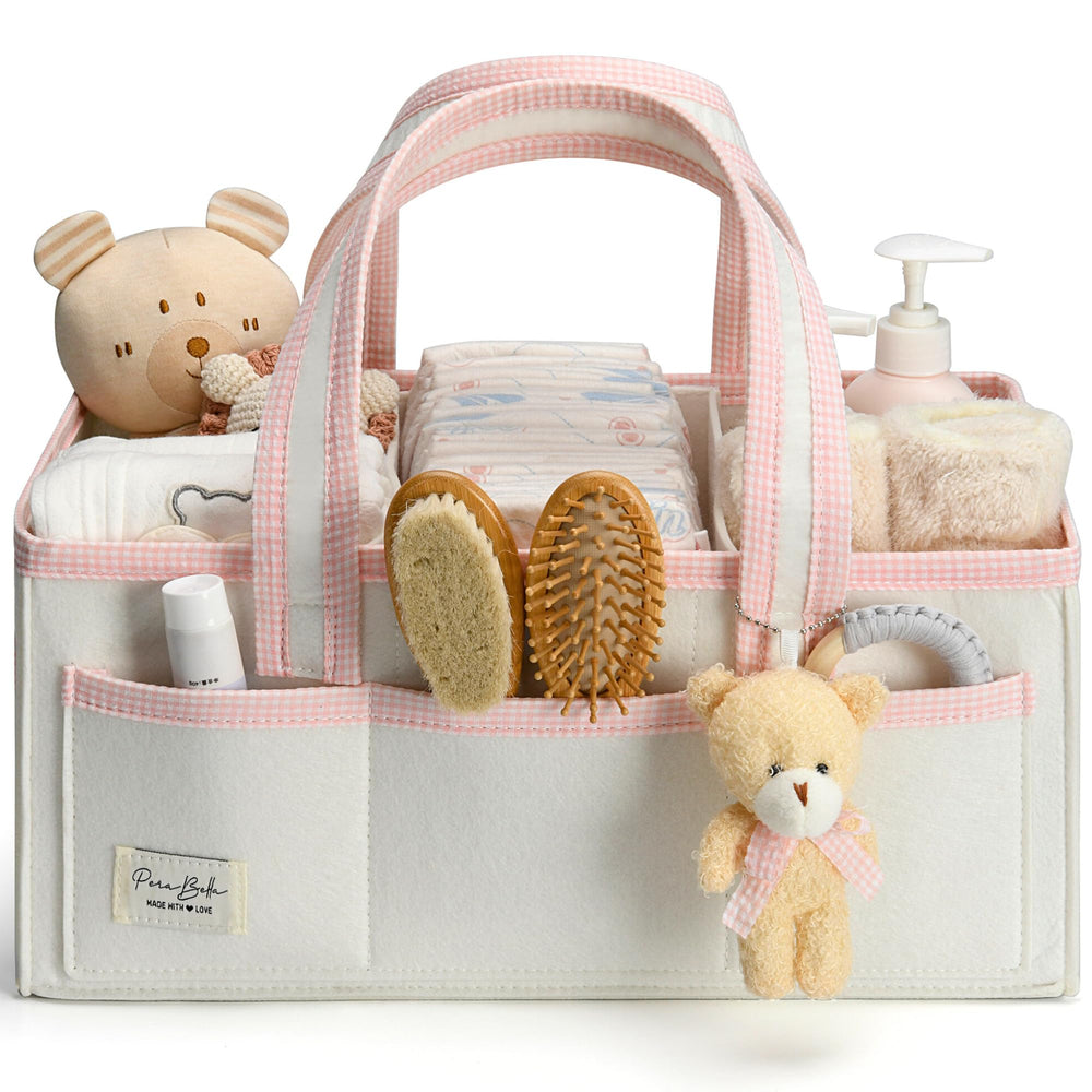 Perabela XL Diaper Caddy front view shows organized nursery storage for diapers and wipes.