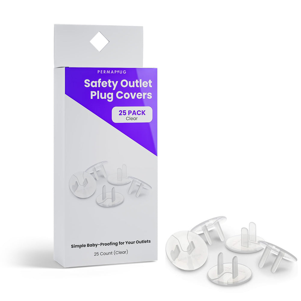 Permaplug safety outlet plug covers 25-pack shown on a standard outlet for childproofing