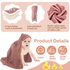 Peryiter muslin baby towel shows absorbent six-layer fabric after bath